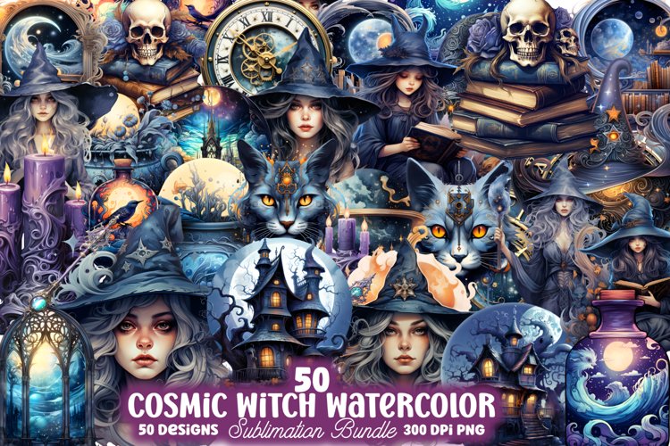 Cosmic Witch Watercolor Clipart Bundle, Cosmic Witch Sublima