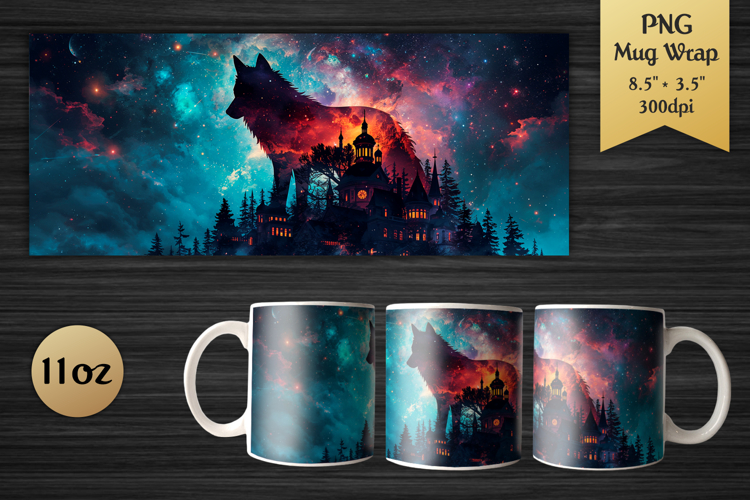 Cosmic Wolf 11oz Mug Wrap | Galaxy Animal Sublimation Design
