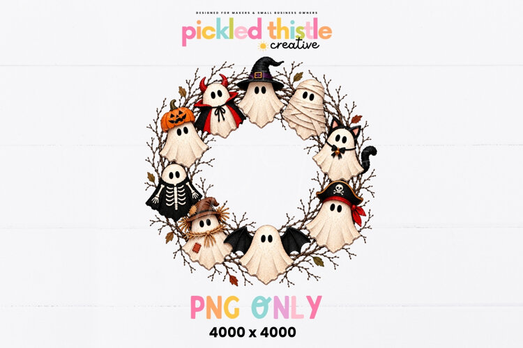 Textured digital PNG featuring playful Halloween ghosts in different costumes arranged evenly around a rustic brown branch wreath.