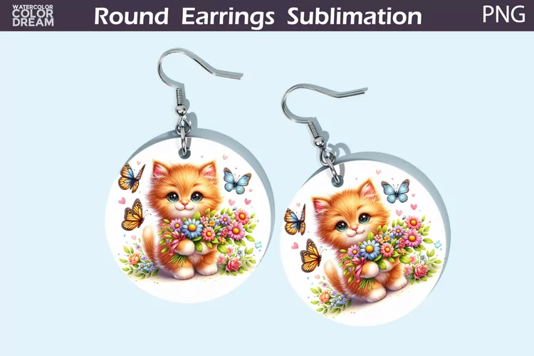 Red Cat Flowers Round Earrings | Cute Cat Earrings