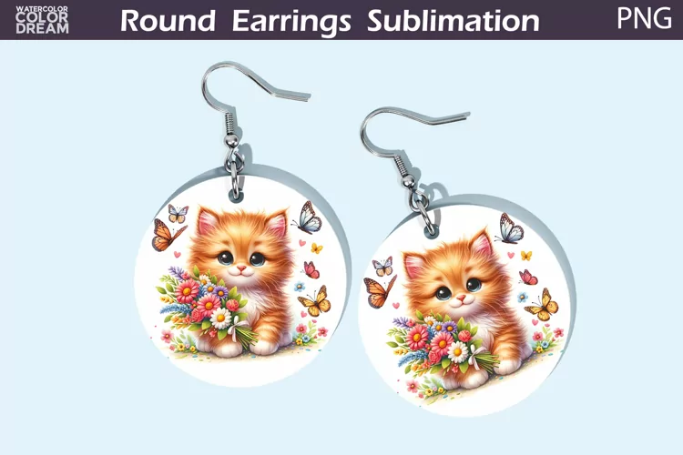 Red Cat Flowers Round Earrings | Cute Cat Earrings