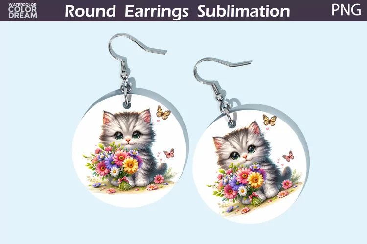 Grey Cat Flowers Round Earrings | Cute Cat Earrings