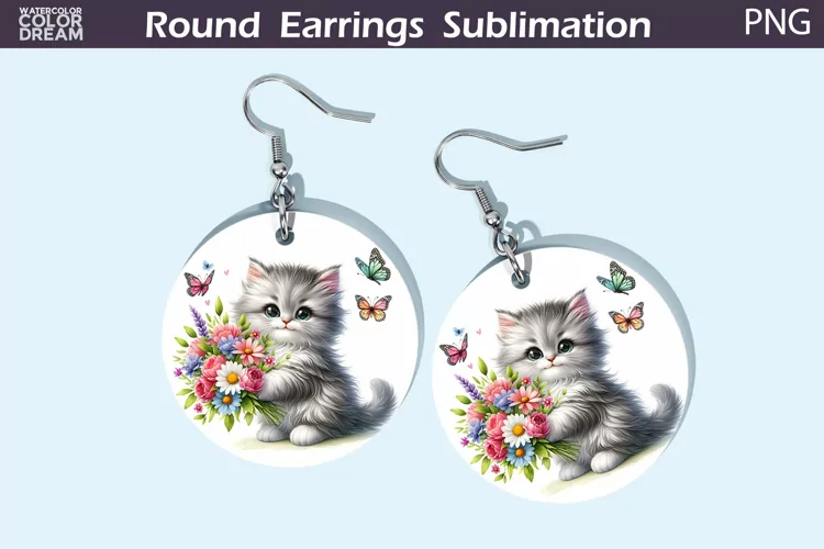 Grey Cat Flowers Round Earrings | Cute Cat Earrings