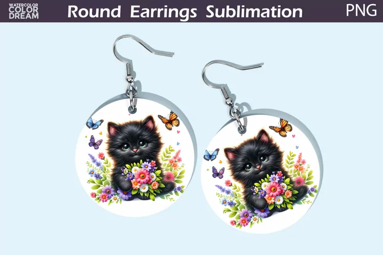 Black Cat Flowers Round Earrings | Cute Cat Earrings