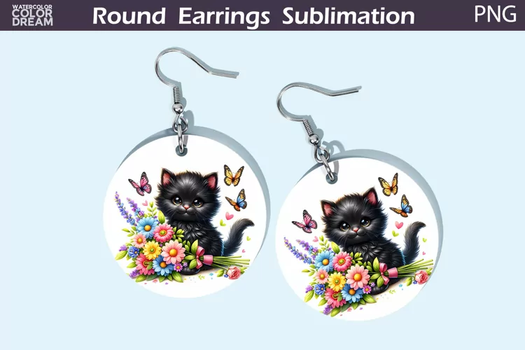 Black Cat Flowers Round Earrings | Cute Cat Earrings