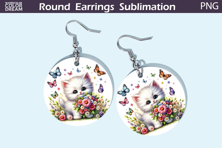 White Cat Flowers Round Earrings | Cute Cat Earrings example image 1