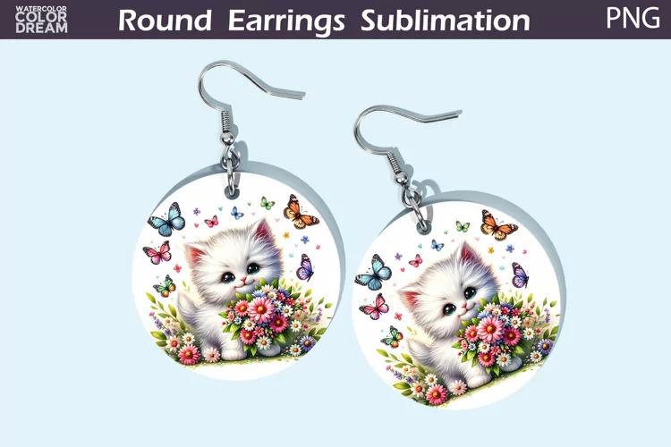 White Cat Flowers Round Earrings | Cute Cat Earrings