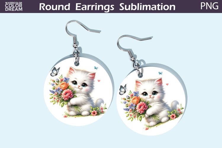 White Cat Flowers Round Earrings | Cute Cat Earrings example image 1