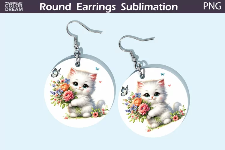 White Cat Flowers Round Earrings | Cute Cat Earrings