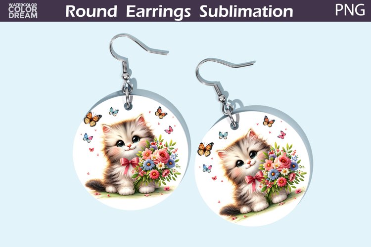 Fluffy Cat Flowers Round Earrings | Cute Cat Earrings example image 1