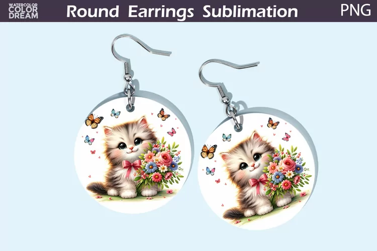 Fluffy Cat Flowers Round Earrings | Cute Cat Earrings