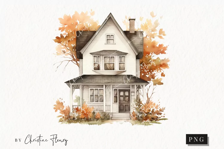 Watercolor Fall House Clipart | Watercolor Fall PNG