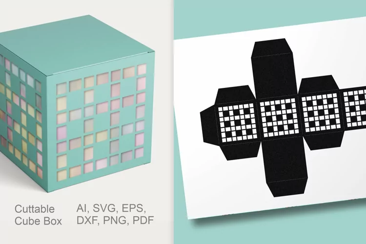 Cottage Checks Pattern Cuttable Cube Gift Box SVG Template