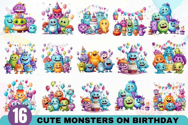 Cute Monsters on Birthday Clipart Bundle - 16 Designs example image 1