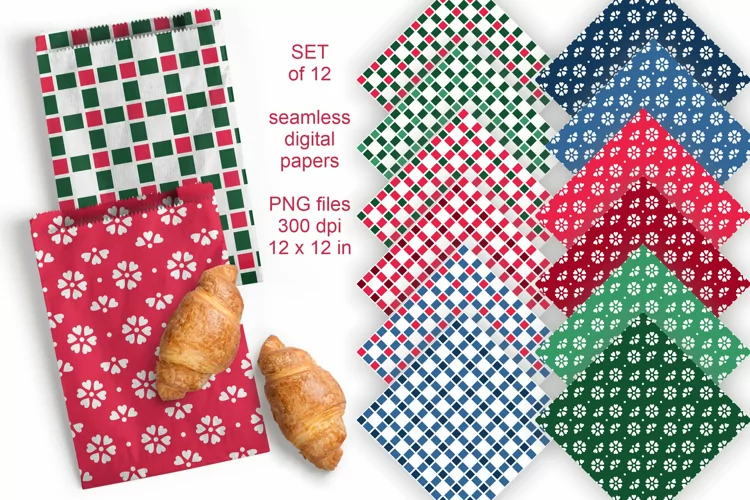 Cottage Flowers and Checks Seamless Patterned Papers PNG