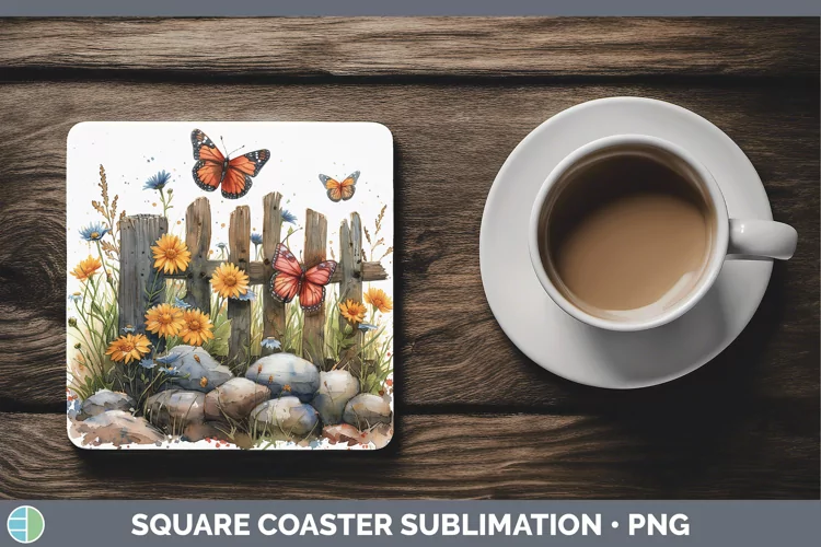 Cottage Garden Butterfly Square Coaster Sublimation Coaster