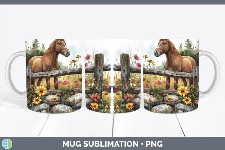 Cottage Garden Horse Mug Wrap Sublimation Coffee Cup Designs