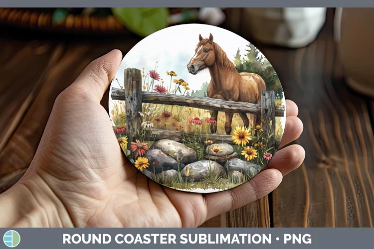 Cottage Garden Horse Round Coaster Sublimation Coaster Desig