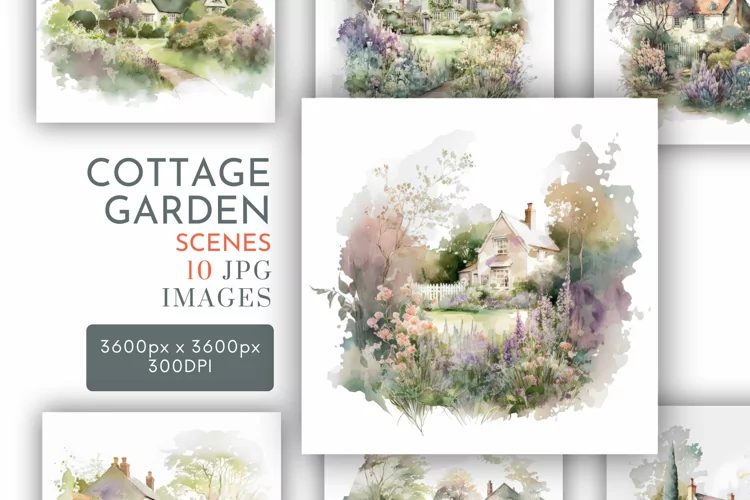 Cottage Garden Scenes | Watercolour Clipart JPG