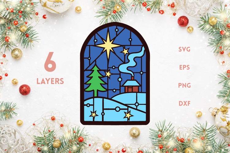 Cottage Tree Star Winter Stained glass - 6 SVG layers