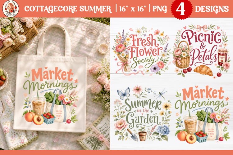 Summer Garden Market Watercolor Sublimation, Tote Bag PNG