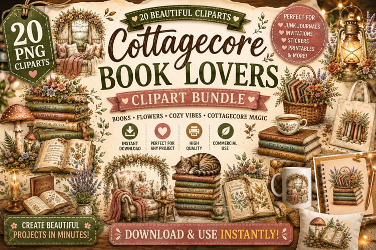 Cottagecore Book Lovers PNG Clipart Bundle