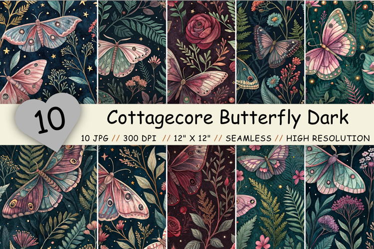 Cottagecore Butterfly Dark Digital Paper, Seamless