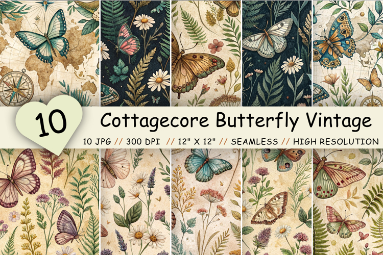 Cottagecore Butterfly Vintage Paper, Seamless Watercolor
