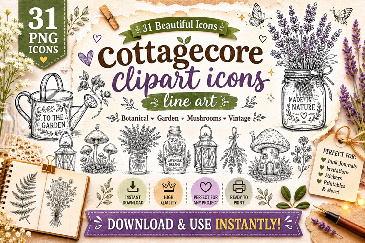 Cottagecore Clipart Icons Line Art PNG Bundle