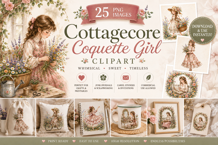 Cottagecore Coquette Girl PNG Clipart Bundle