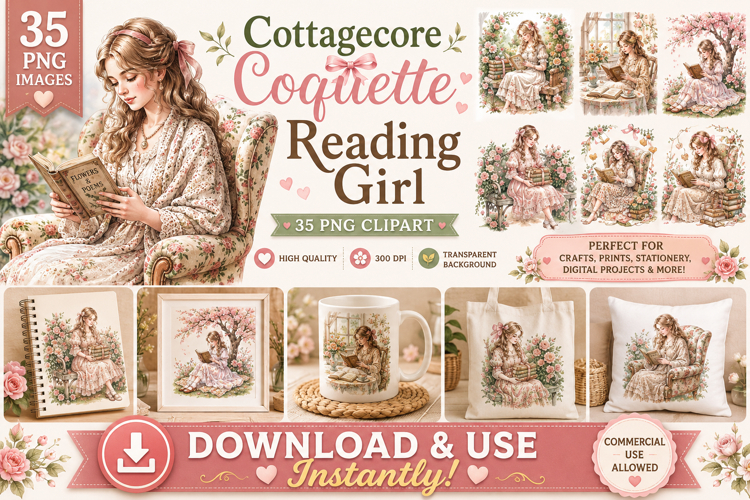 Cottagecore Coquette Reading Girl PNG Clipart Bundle