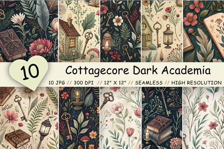 Cottagecore Dark Academia Digital Paper, Seamless Watercolor