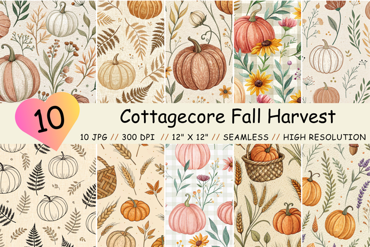 Cottagecore Fall Harvest Seamless Pattern, Digital Paper