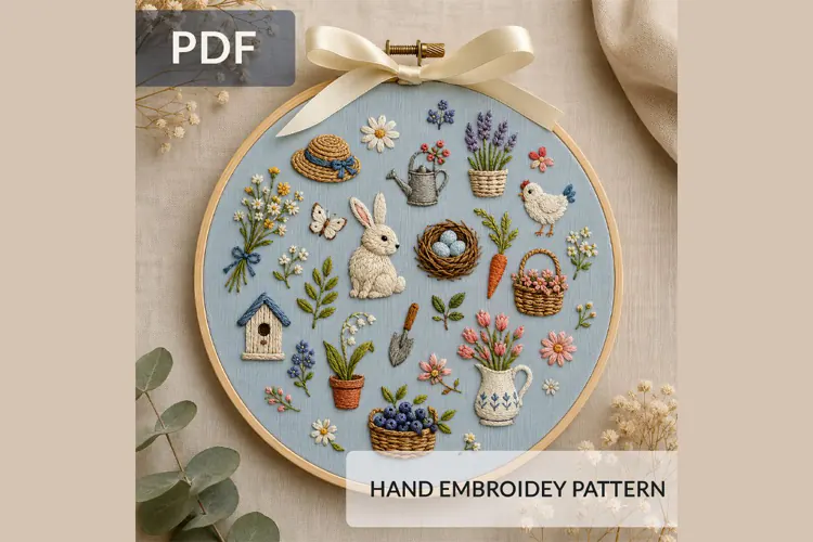 Spring Garden Embroidery Pattern PDF Bunny and Floral