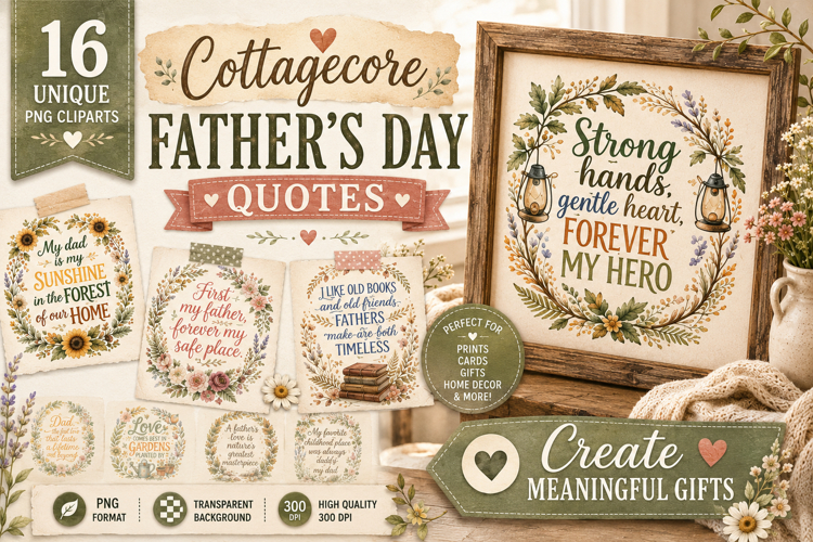 Cottagecore Father’s Day Quotes PNG Bundle