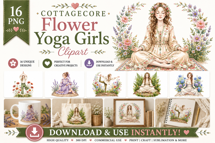 Watercolor Cottagecore Flower Yoga Girls Clipart Bundle