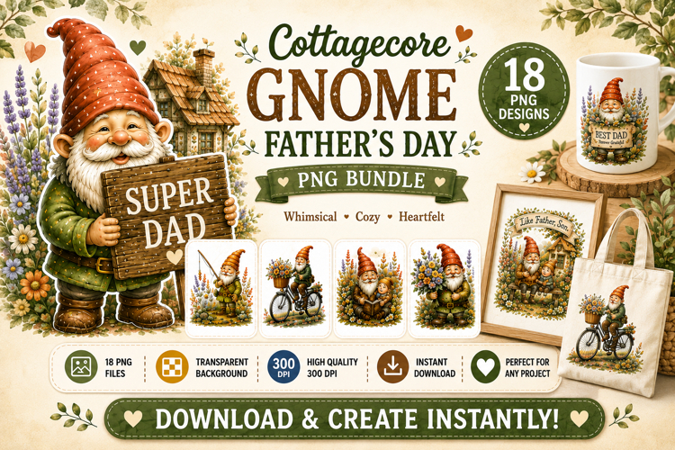Cottagecore Gnome Father’s Day PNG Bundle example image 1