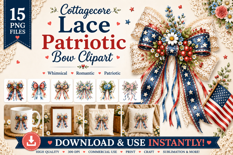 Cottagecore Lace Patriotic Bow Clipart PNG Bundle