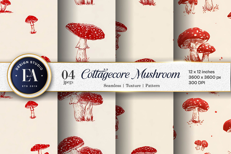 Cute Hand-Drawn Cottagecore Mushroom Art Digital Paper