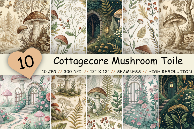 Cottagecore Mushroom Toile Digital Paper, Seamless Woodland