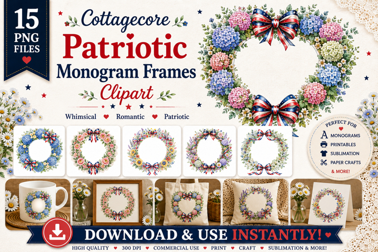 Cottagecore Patriotic Monogram Frames PNG Bundle