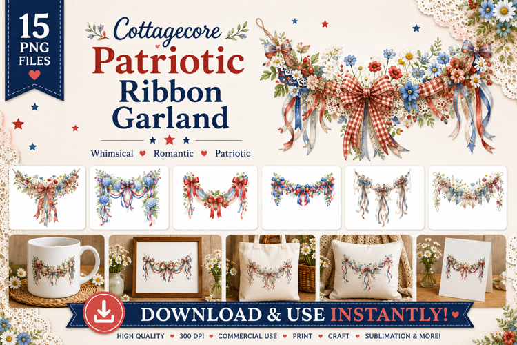 Cottagecore Patriotic Ribbon Garland Clipart PNG Bundle