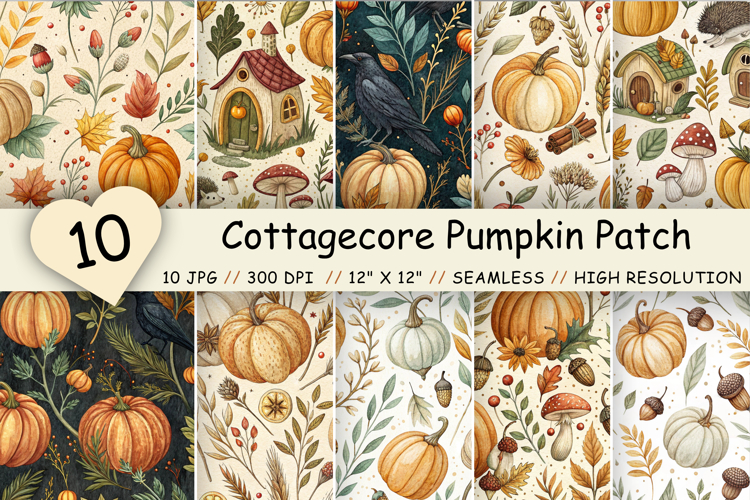 Cottagecore Pumpkin Patch Digital Paper, Seamless Watercolor