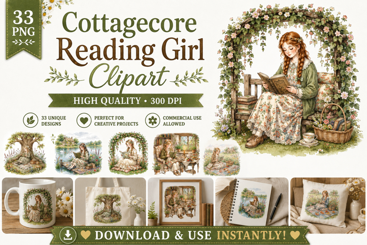 Cottagecore Reading Girl Clipart Bundle 33 PNG Files