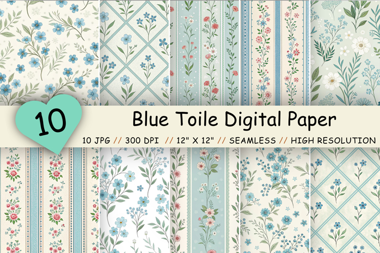 Cottagecore Seamless Digital Paper Pack, Blue Floral Vintage