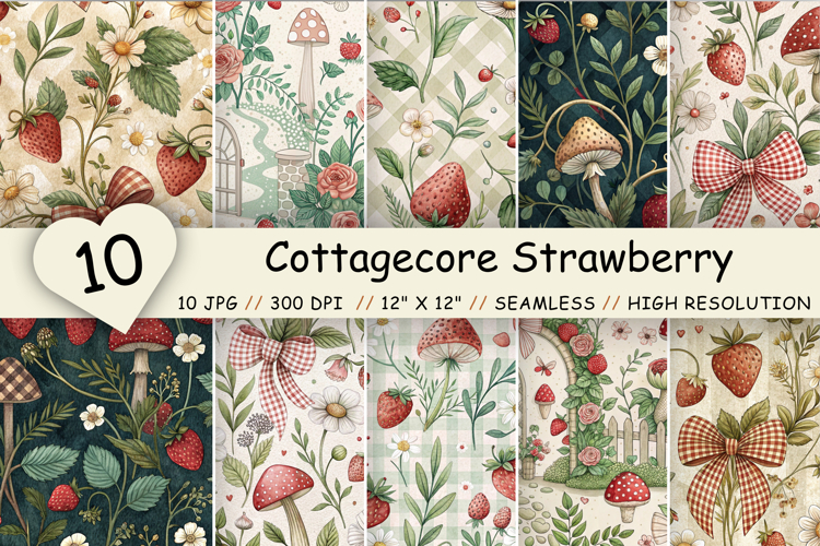Cottagecore Strawberry Gingham Paper, Seamless Watercolor