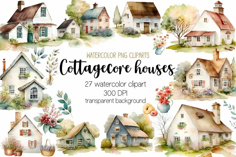 Cottagecore watercolor houses clipart bundle PNG