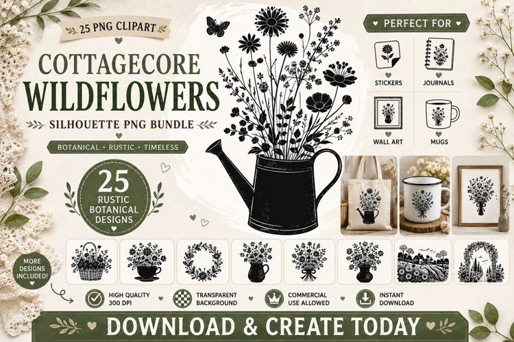 Cottagecore Wildflowers Silhouette PNG Clipart