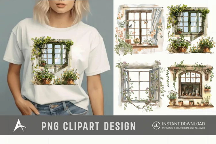 Watercolor Cottage core Window Clipart