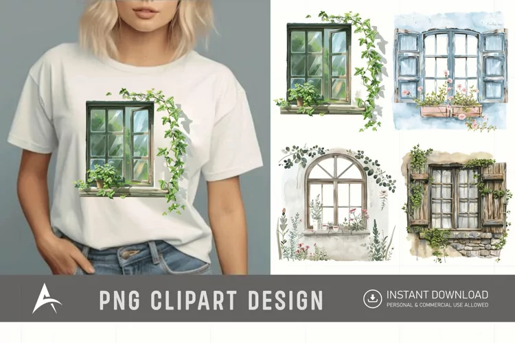 Watercolor Cottage core Window Clipart